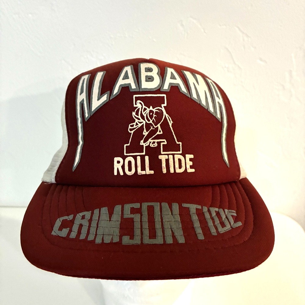 Vtg 90s University Of Alabama Roll Tide Trucker Hat Cap Snapback Puff Print Mesh
